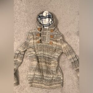 Cozy Men’s Tan Pattern Cable Knit Sweater with Plaid Lining Hoodie